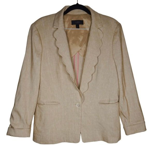 J. Crew Women's Linen Blazer Sz 10P Scalloped Lapel Collar Tan Single‎ Button - Picture 1 of 8